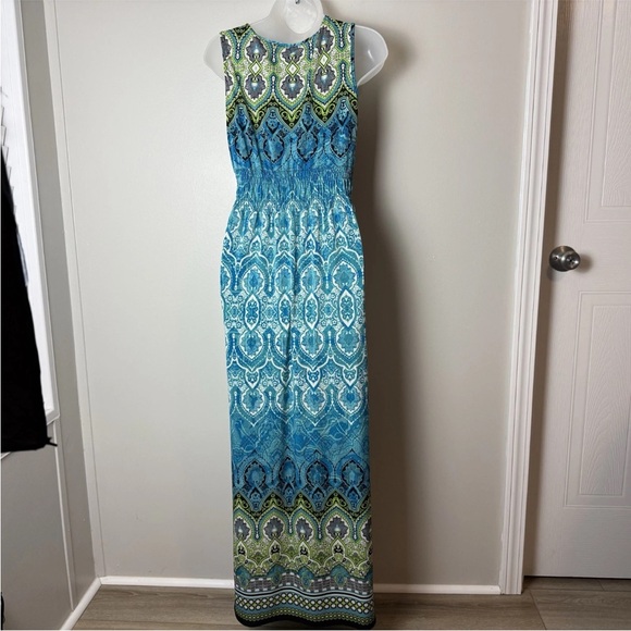 Mlle Gabrielle Maxi Dress Size Medium Sleeveless V-Neck Stretch Blue Black Green - Picture 5 of 7